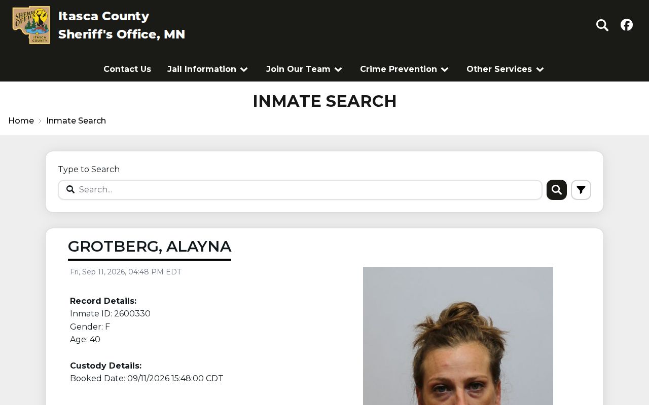 Itasca County active warrants: the custody roster search used for booking records