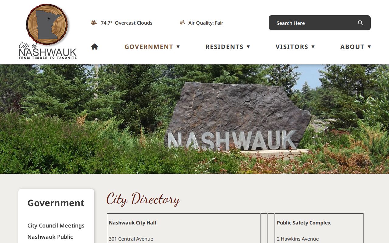 Nashwauk warrant records: the city departments page listing police and city hall contacts