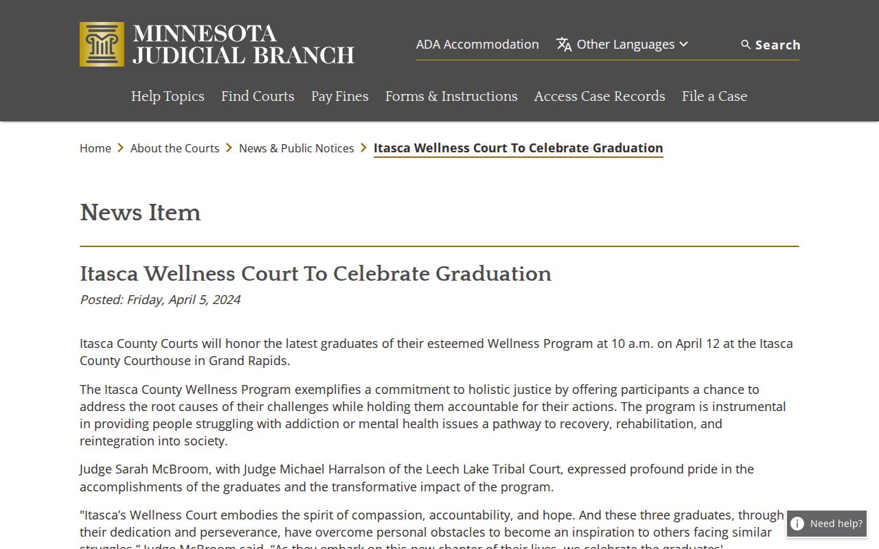 Itasca County warrant records: the Itasca Wellness Court program announcement
