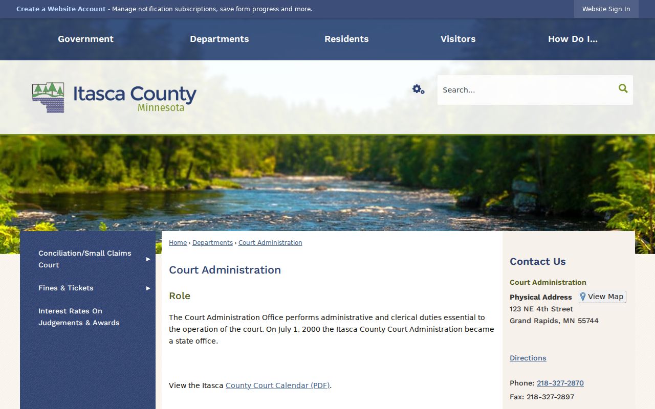 Itasca County warrant records: the Court Administration contact and hours page